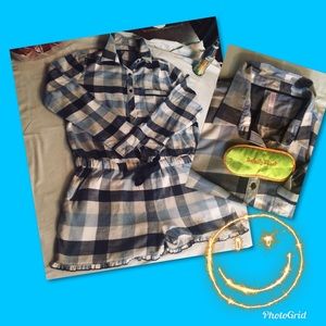 Blue checkered romper pjs